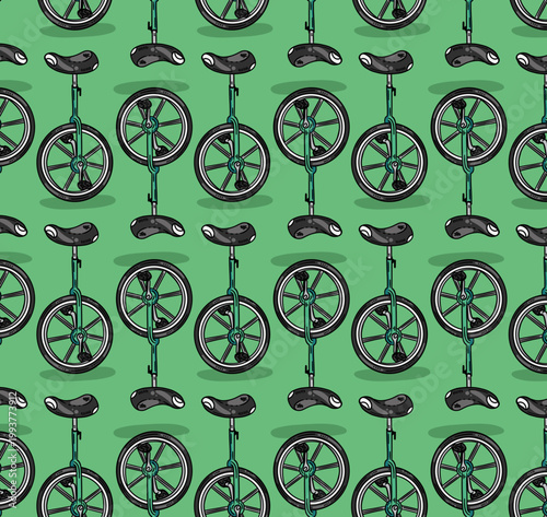 Green Unicycle pattern design in a seamless print of vector bike illustrations 