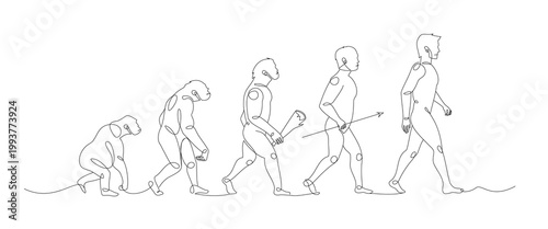 Human Evolution One Line Illustration. Continuous line drawing showing evolution from primate to modern human. Perfect for education, biology and anthropology concepts. Vector illustration