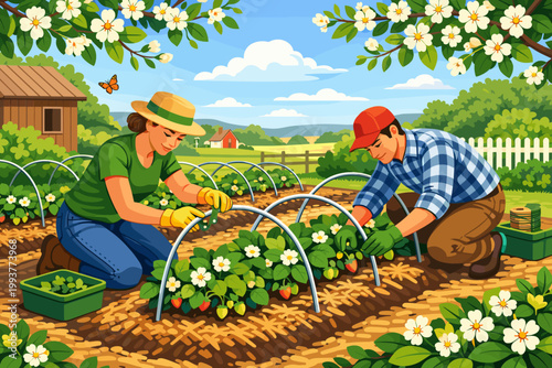 Gardeners work together to grow strawberries in a sunny field with flowers and green plants while tending to the crops