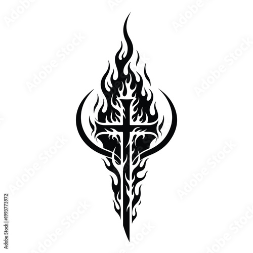 Tribal cross tattoo design engulfed in flames with a crescent moon accent, symbolizing faith and power in a bold graphic style