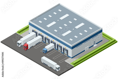 Isometric Warehouse Logistic Interior Storage Room Factory. Semi trailer truck. Cargo Truck transportation, delivery, boxes. Fast delivery or logistic transport. Automatic logistics management