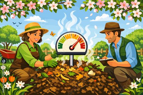 People test compost temperature in garden while discussing plant growth and recycling during sunny afternoon in springtime