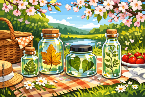 Enjoying a spring picnic by the river with jars of leaves and fruits under blooming flowers and clear skies