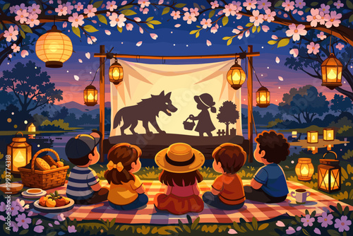Kids enjoy shadow play by the river during an evening gathering with lanterns and snacks