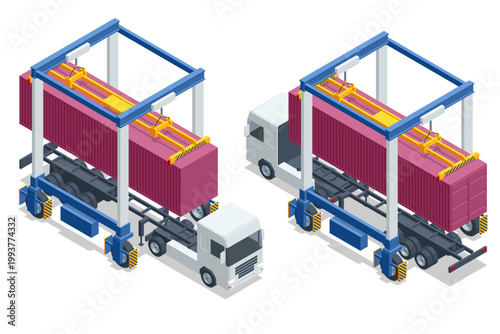 Detailed isometric illustration of a massive port gantry crane for container handling. This vector design represents maritime logistics, sea port industry, and heavy cargo transport.