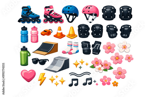 Roller skating gear and decorations arranged on a flat surface in a colorful display for recreational activities