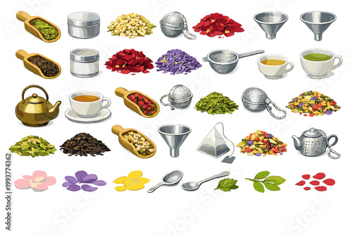 Different types of tea leaves, flowers, and brewing tools arranged on a white background for tea preparation and enjoyment