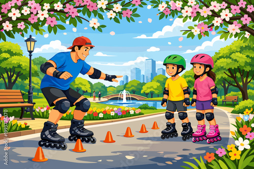 Man teaches kids how to roller skate in park on a sunny day with flowers and buildings in the background