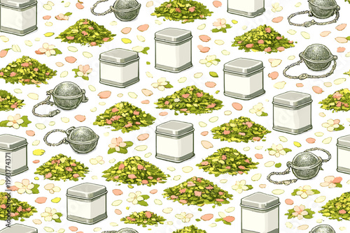 Patterns of herbs and tea containers in a simple design with various shapes and colors on a light background