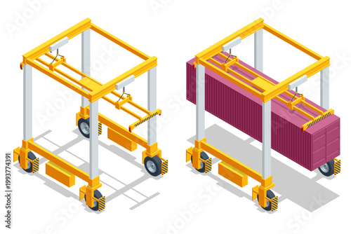 Isometric container terminal with gantry crane, truck trailer and stacked cargo box. Port logistics environment shows freight transfer, shipment handling, storage yard and intermodal transport concept