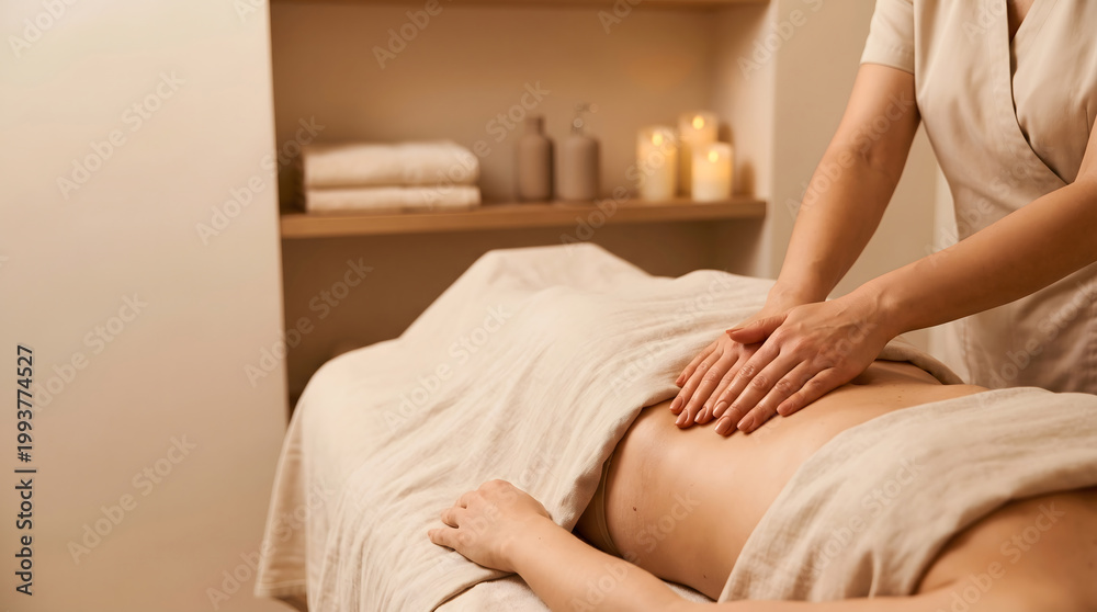 Fototapeta premium Close view of a therapist performing gentle abdominal lymphatic drainage massage on a client in a warm spa room