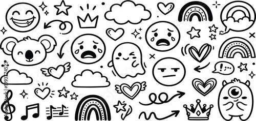 Delightful compilation of various hand-drawn whimsical doodles, featuring cartoon emoticons, charming animals, dynamic arrows, musical notation, and decorative elements for playful design projects