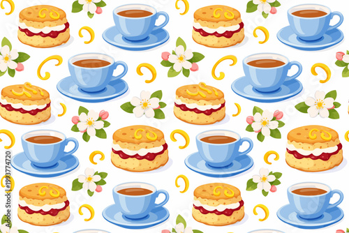 Pattern of snacks and drinks with flowers visible on a white background in a lively setting