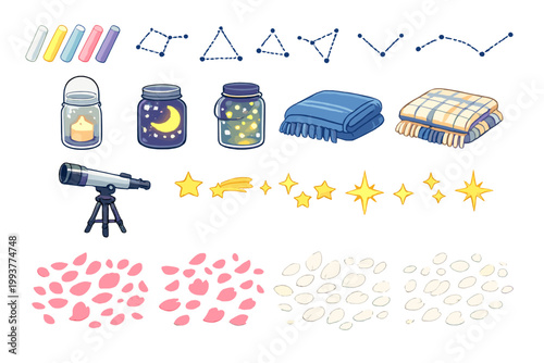 Activities and items for stargazing at night with friends in a backyard setting during summertime