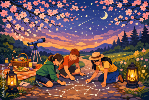 Kids enjoy a stargazing picnic while drawing constellations under a starry sky during twilight in a scenic countryside