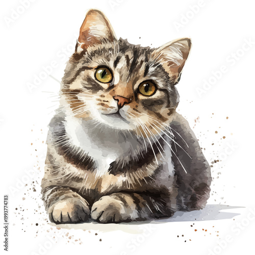 Cat, colorful watercolor painting with bold outlines, isolated on a white background.