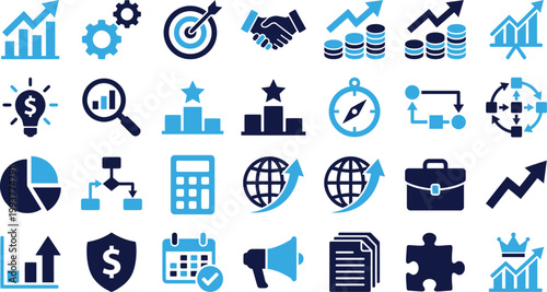 Business icons for finance strategy success and growth vector collection blue theme.