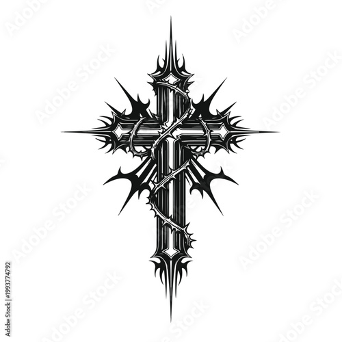 Intricate gothic cross tattoo design featuring thorny vines wrapped around a sharp, spiky religious symbol with a dark, edgy aesthetic