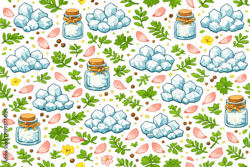 Different shapes of crystals and herbs in a repeating pattern on a light background for design or decoration