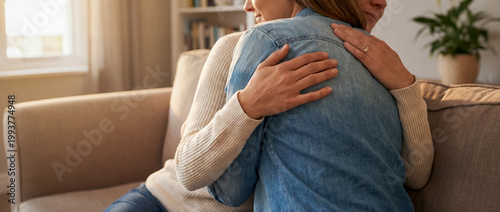 support comfort embrace tenderness cozy home trust connection warmth care cozy couch embrace in warm daylight shows comfort trust and emotional safety for relationship wellness and support themes