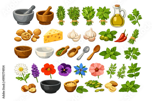 Many herbs, spices, and kitchen tools used in cooking laid out on a clean surface showing different types and colors