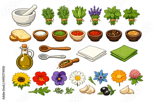 Cooking ingredients and herbs arranged in a colorful layout for meal preparation in a kitchen setting