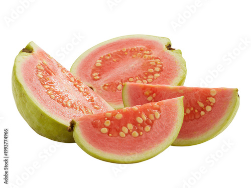 Fresh pink guava fruit slices isolated on transparent background