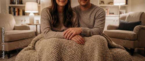 cozy couple blanket support comfort warmth tenderness home intimacy connection shared knitted blanket and relaxed closeness show trust affection and emotional safety for relationship wellness themes