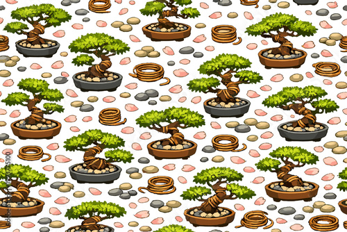 Bonsai trees are arranged on a white background with pebbles and flower petals around them in a decorative design