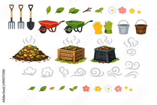 Tools and elements for gardening and composting with wheelbarrows, gloves, and a compost pile displayed on a white background