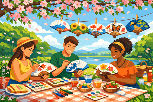 Friends enjoy painting fans during spring picnic by the lake under cherry blossom trees on a sunny day