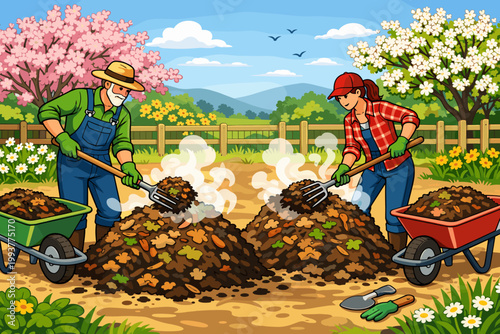 Gardeners working together to turn compost in a sunny garden with trees and flowers in springtime