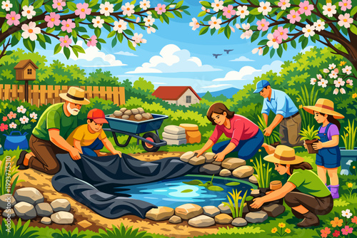 Group of people working together to create a pond in a backyard during a sunny day with trees and flowers in the background