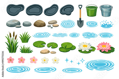 Pond elements scattered on a white background showing rocks, water plants, tools, and water patterns for design use