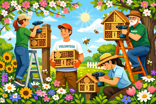 Group of people build insect houses in a garden during a sunny day for volunteering activities in spring