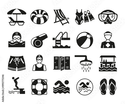 Swimming Pool Icons Set. Set of 20 swimming pool icons including lifebuoy, swimmer, goggles, beach ball and flip flops. Perfect for summer, vacation and sport projects. Vector illustration