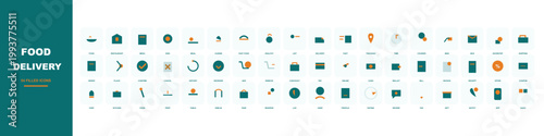Food delivery icons set, 54 professional vector elements for restaurant logistics, online ordering and courier service mobile app interface design