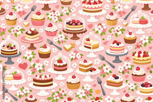 Variety of cakes and desserts arranged on tables with flowers displayed on a pink background during a festive gathering