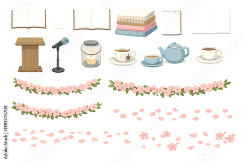Set of items for a tea party or gathering with notes and decorations displayed on a clean surface