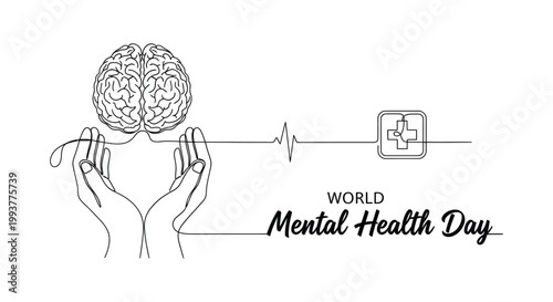 Mental health day illustration brain hands and support symbolism