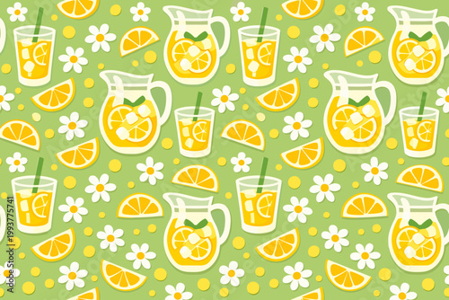 Colorful pattern with lemonade pitchers and glasses on a light green background featuring lemons and flowers during a summer day