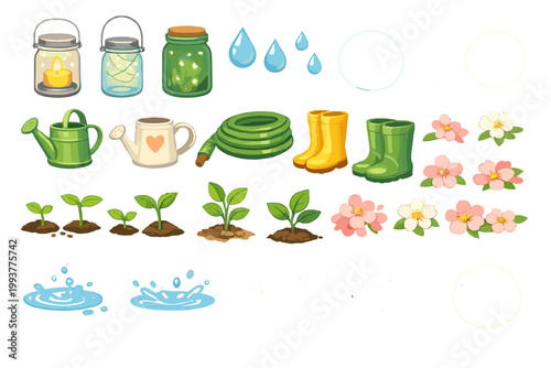Gardening tools and elements appear on a white background for springtime planting activities and garden care