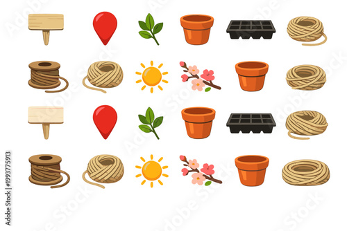 Gardening tools and items on a simple background with a focus on planting and growing plants in containers