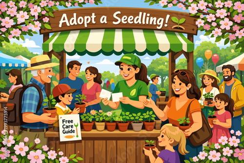 People gather at a market stand to adopt seedlings and learn about plant care during a sunny day in the park with flowers around