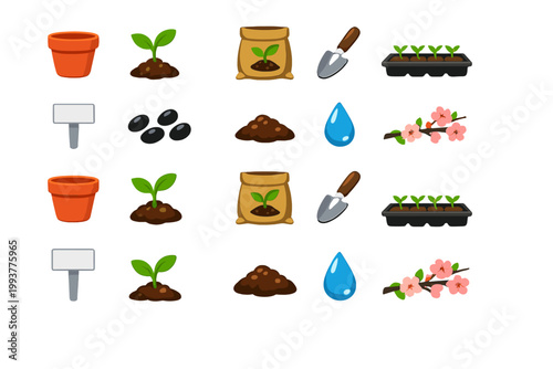 Planting seeds and caring for plants with pots, tools, and soil done in a garden setting during daytime