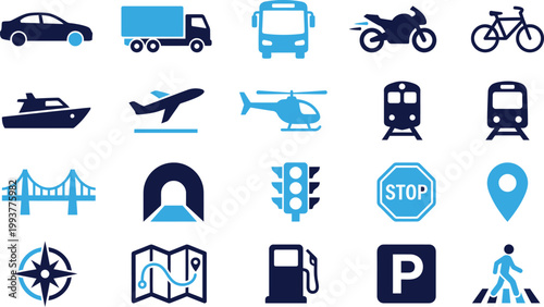 Transportation vehicle icons car truck bus motorcycle bicycle boat plane helicopter.