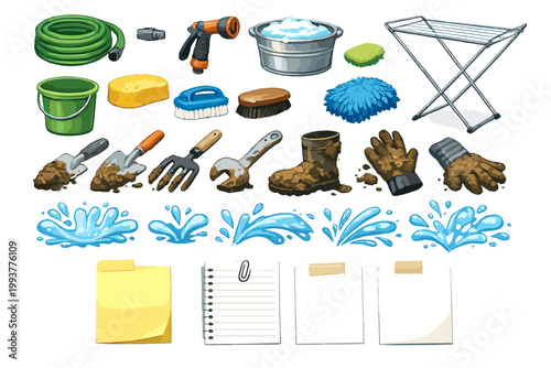 Tools and items for cleaning and gardening tasks in a backyard setting during the daytime