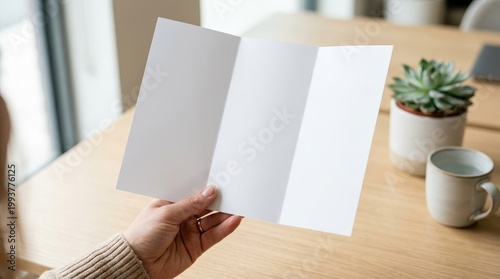 Hand holding a blank tri-fold brochure mockup