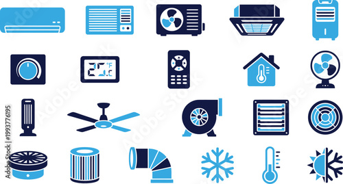 Collection of blue and dark air conditioning and heating icons including fans filters and thermostats.