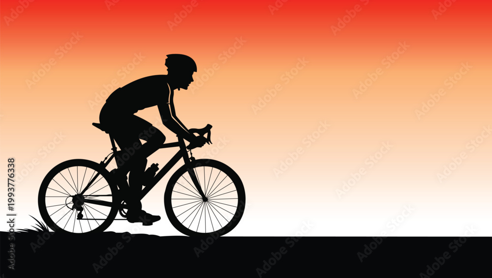 Fototapeta premium Cyclist riding road bicycle at sunset. silhouette of athlete on bike, vibrant gradient background.